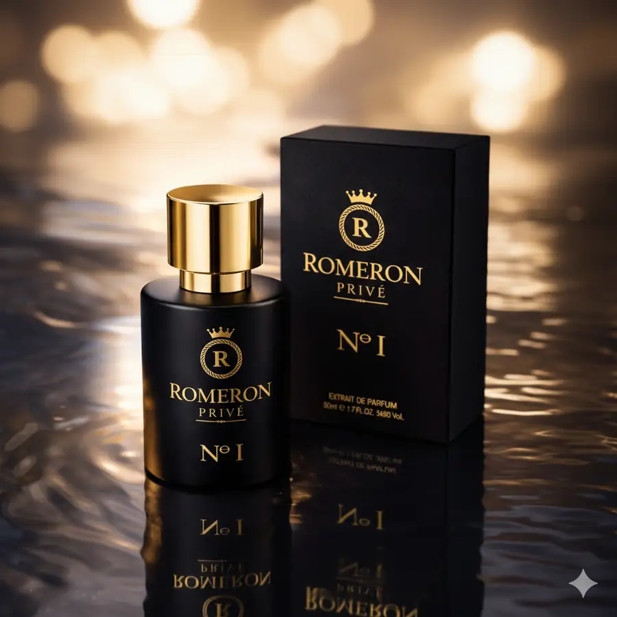 Parfum Romeron PRIVE s čiernym balením a zlatým vrchnákom